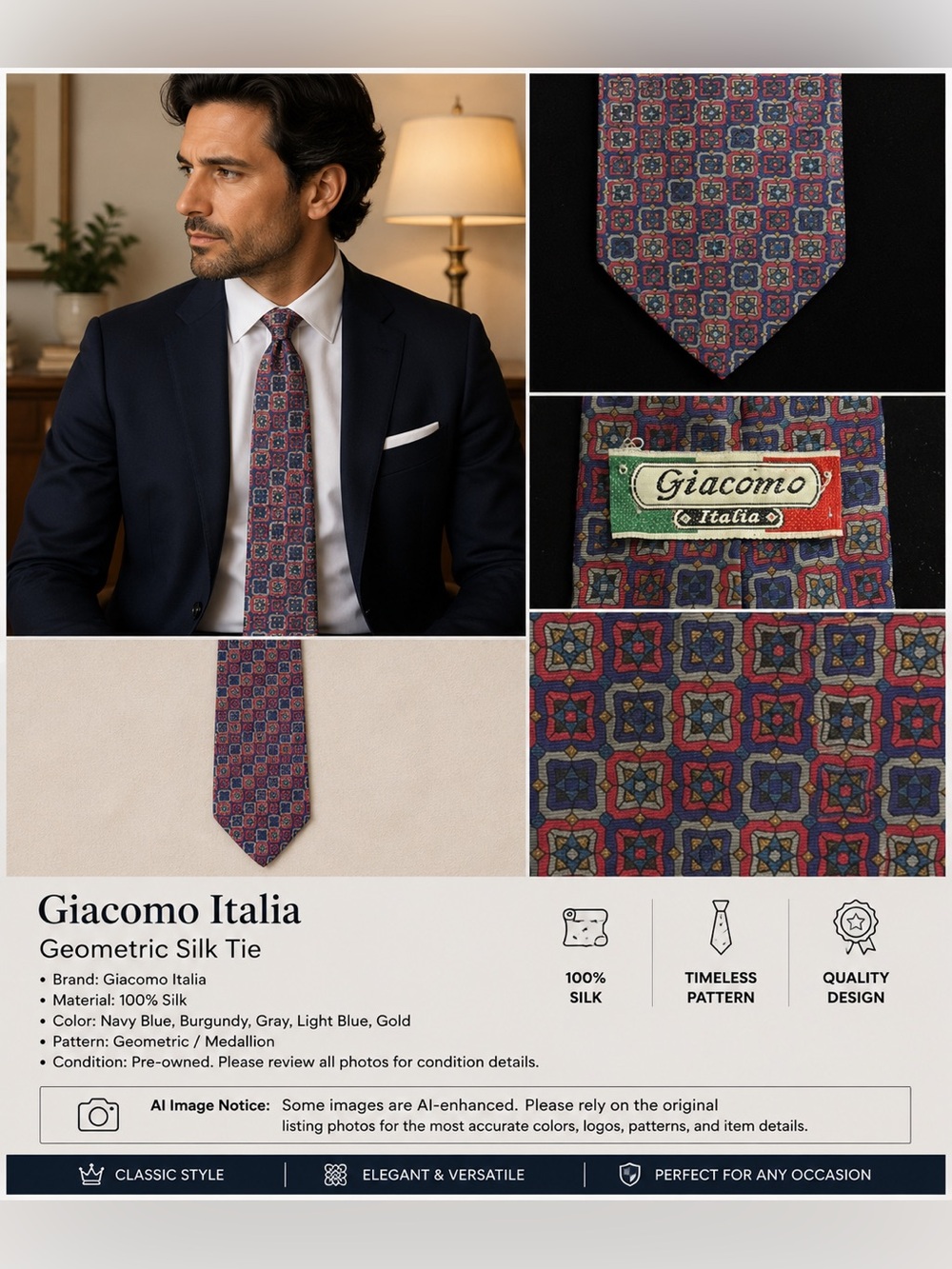 Classic Blue and Red Geometric Silk Tie